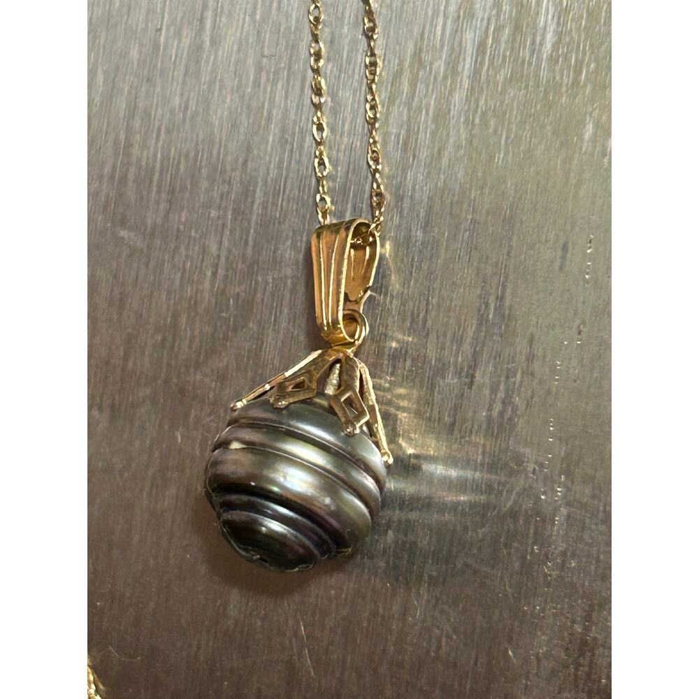 Vintage 14k Yellow Gold Baroque Dark Gray Pearl Art Deco pendant necklace 18.5” - Picture 14 of 14